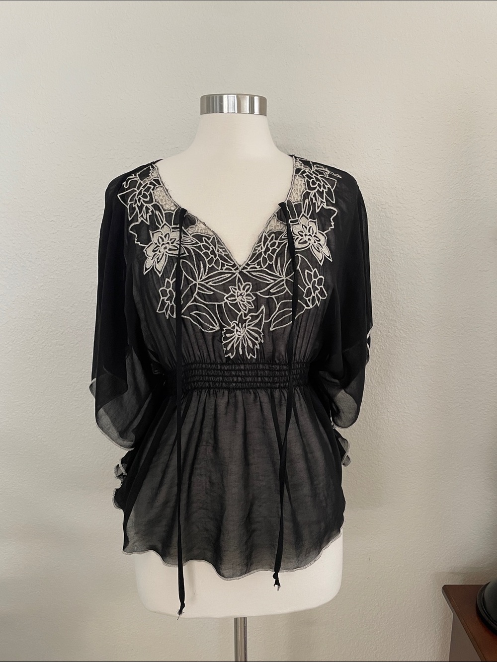 Rhapsody Black Sheer Embroidered V-Neck Blouse